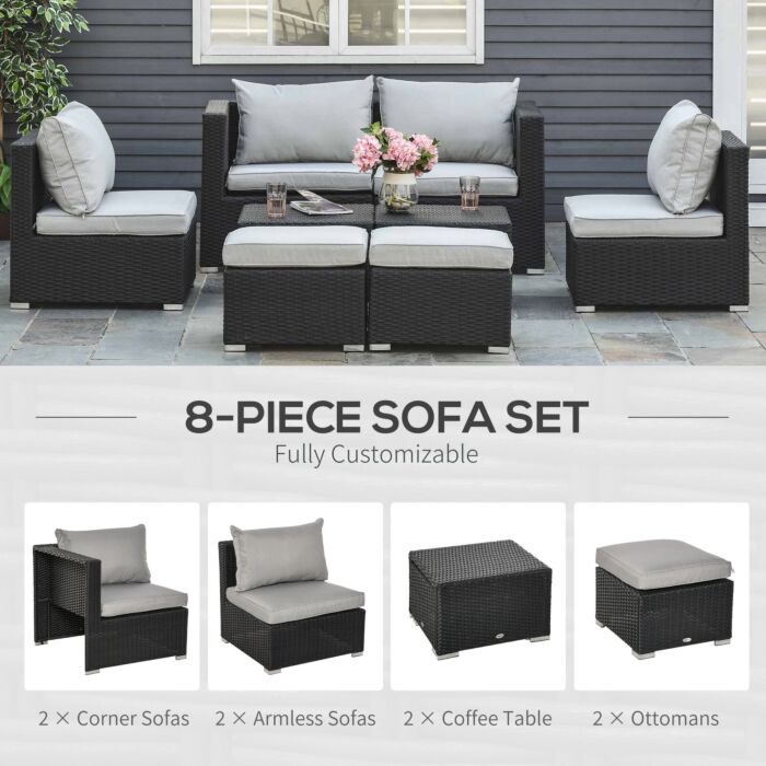 Outsunny 6-seater Garden Rattan Wicker Sofa Set W/ Coffee Table, Wicker Weave Chair, Space-saving Footstool, Padded Cushions, Black