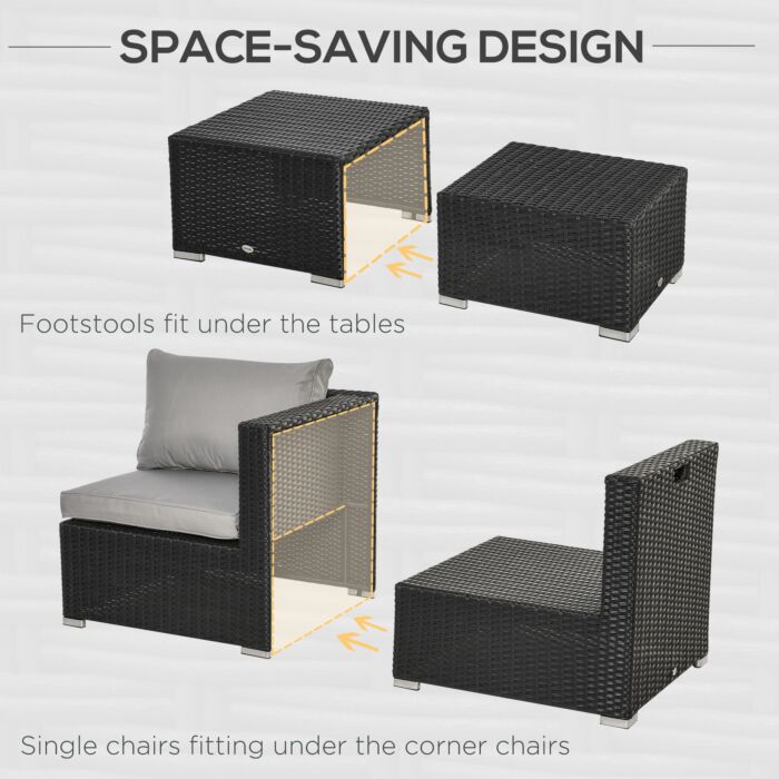Outsunny 6-seater Garden Rattan Wicker Sofa Set W/ Coffee Table, Wicker Weave Chair, Space-saving Footstool, Padded Cushions, Black