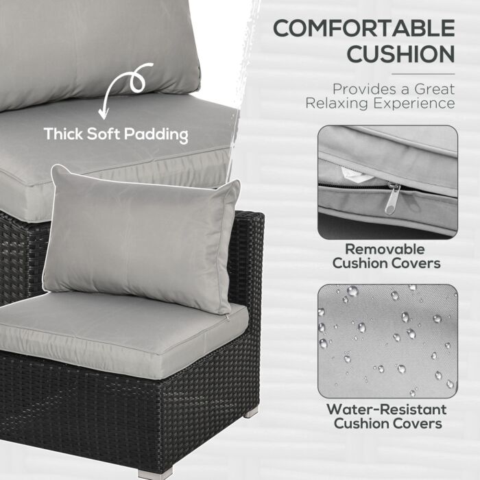 Outsunny 6-seater Garden Rattan Wicker Sofa Set W/ Coffee Table, Wicker Weave Chair, Space-saving Footstool, Padded Cushions, Black