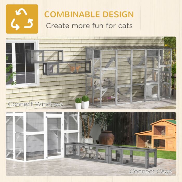 Pawhut Cat Tunnel, 250cm Extra Long Wooden Cat Play Tunnel With 8 Doors, L-shape/rectangle, Outdoor Cat Enclosures, Dark Grey