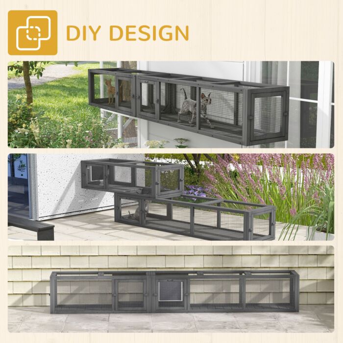 Pawhut Cat Tunnel, 250cm Extra Long Wooden Cat Play Tunnel With 8 Doors, L-shape/rectangle, Outdoor Cat Enclosures, Dark Grey