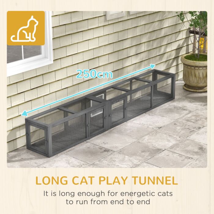 Pawhut Cat Tunnel, 250cm Extra Long Wooden Cat Play Tunnel With 8 Doors, L-shape/rectangle, Outdoor Cat Enclosures, Dark Grey