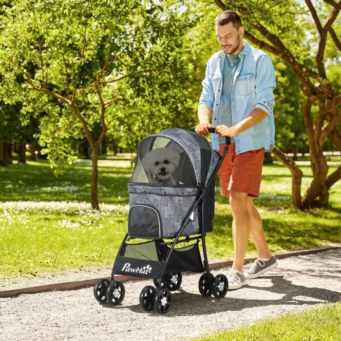 Pawhut Pet Stroller Dog Pushchair Cat Travel Carriage Foldable Carrying Bag W/ Universal Wheels, Brake Canopy For Xs & S Sized Pets, Grey