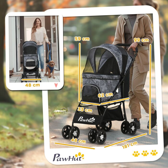 Pawhut Pet Stroller Dog Pushchair Cat Travel Carriage Foldable Carrying Bag W/ Universal Wheels, Brake Canopy For Xs & S Sized Pets, Grey