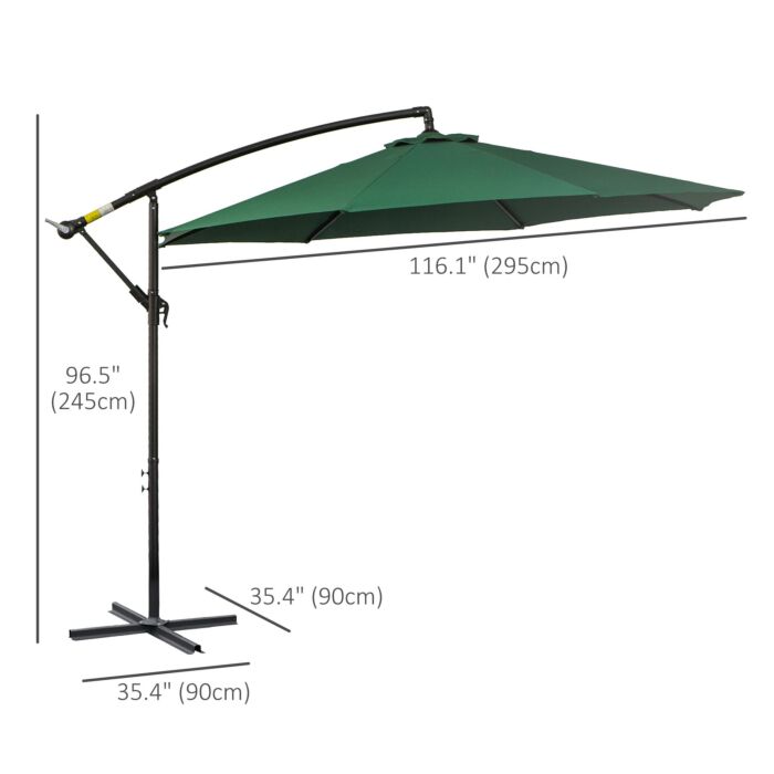 Outsunny 3(m) Banana Parasol Hanging Cantilever Umbrella With Crank Handle, 8 Ribs And Cross Base, Sun Shade, Dark Green