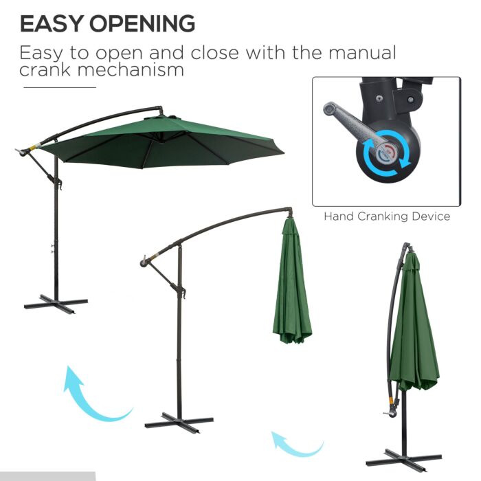 Outsunny 3(m) Banana Parasol Hanging Cantilever Umbrella With Crank Handle, 8 Ribs And Cross Base, Sun Shade, Dark Green