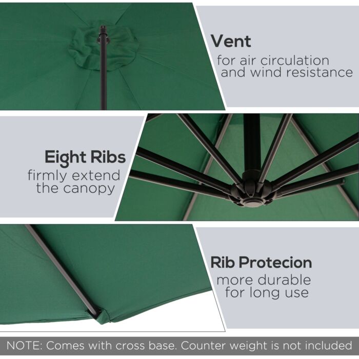 Outsunny 3(m) Banana Parasol Hanging Cantilever Umbrella With Crank Handle, 8 Ribs And Cross Base, Sun Shade, Dark Green