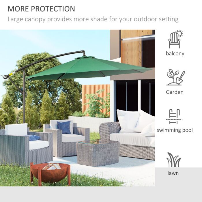 Outsunny 3(m) Banana Parasol Hanging Cantilever Umbrella With Crank Handle, 8 Ribs And Cross Base, Sun Shade, Dark Green