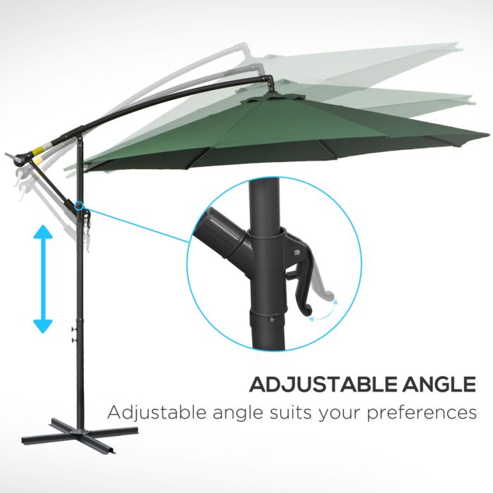 Outsunny 3(m) Banana Parasol Hanging Cantilever Umbrella With Crank Handle, 8 Ribs And Cross Base, Sun Shade, Dark Green