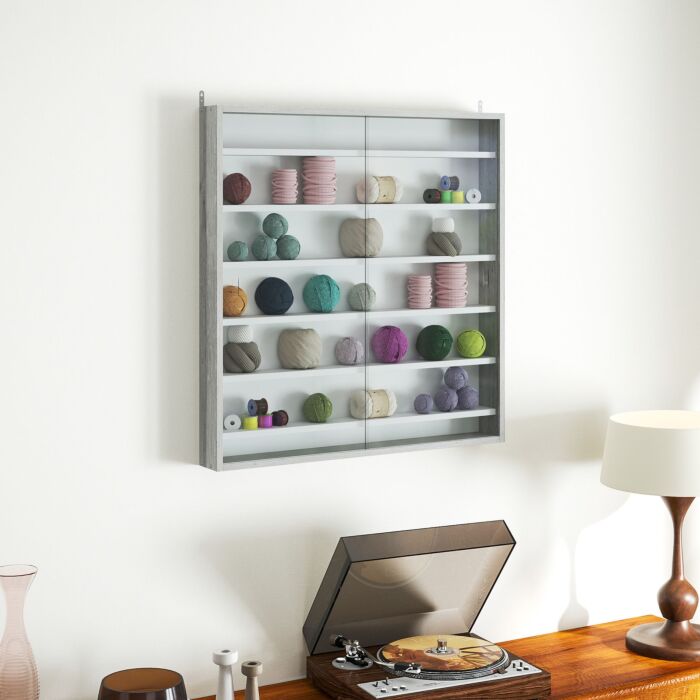Homcom Six Shelf Display Cabinet, With Glass Doors - Graphite Wood Effect