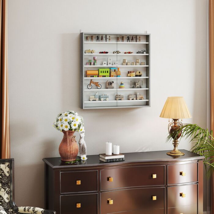 Homcom Six Shelf Display Cabinet, With Glass Doors - Graphite Wood Effect
