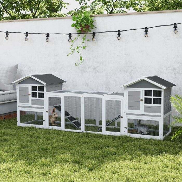 Pawhut 2 In 1 Rabbit Hutch, Double Main House Guinea Pig Hutch, Wooden Small Animal House With Run Box, Slide-out Tray, Ramp, 259 X