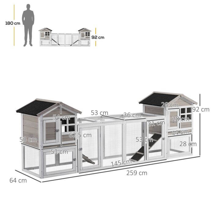 Pawhut 2 In 1 Rabbit Hutch, Double Main House Guinea Pig Hutch, Wooden Small Animal House With Run Box, Slide-out Tray, Ramp, 259 X