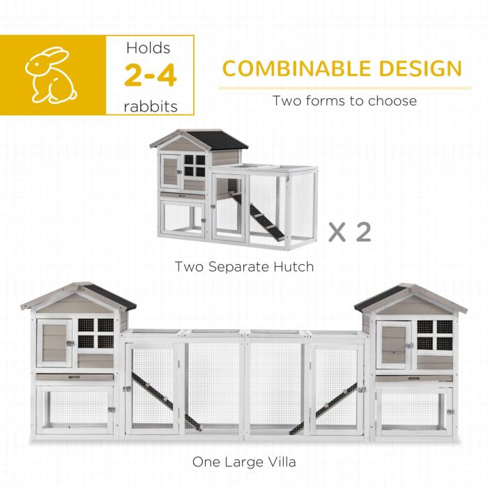 Pawhut 2 In 1 Rabbit Hutch, Double Main House Guinea Pig Hutch, Wooden Small Animal House With Run Box, Slide-out Tray, Ramp, 259 X