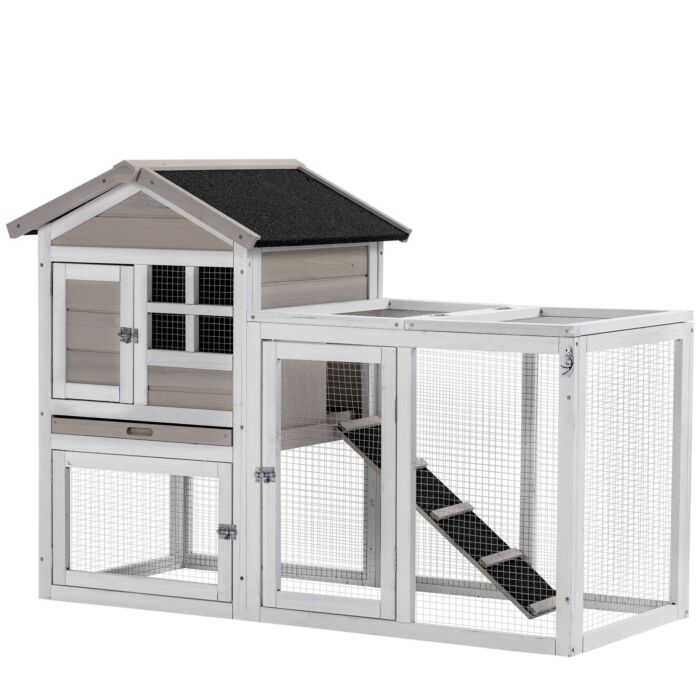 Pawhut 2 In 1 Rabbit Hutch, Double Main House Guinea Pig Hutch, Wooden Small Animal House With Run Box, Slide-out Tray, Ramp, 259 X