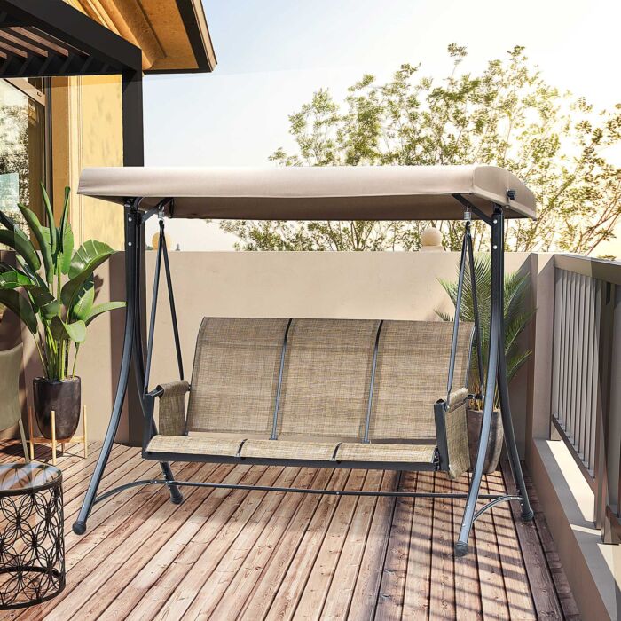 Outsunny 3 Person Outdoor Patio Porch Swing Chair With High Back Design, Side Pouches And Adjustable Canopy, Brown