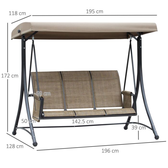 Outsunny 3 Person Outdoor Patio Porch Swing Chair With High Back Design, Side Pouches And Adjustable Canopy, Brown