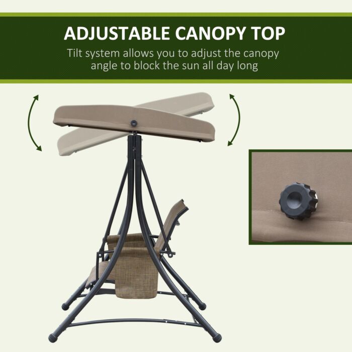 Outsunny 3 Person Outdoor Patio Porch Swing Chair With High Back Design, Side Pouches And Adjustable Canopy, Brown