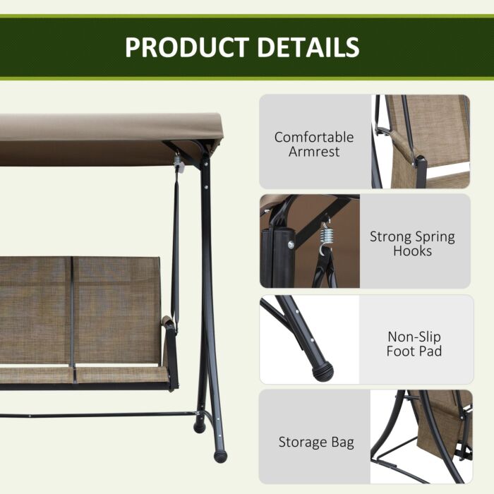 Outsunny 3 Person Outdoor Patio Porch Swing Chair With High Back Design, Side Pouches And Adjustable Canopy, Brown