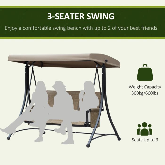 Outsunny 3 Person Outdoor Patio Porch Swing Chair With High Back Design, Side Pouches And Adjustable Canopy, Brown
