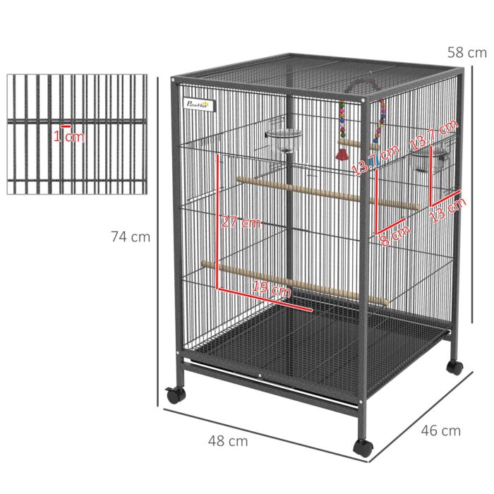 Pawhut Bird Cage, Budgie Cage, With Rolling Stand, For Small Birds - Grey