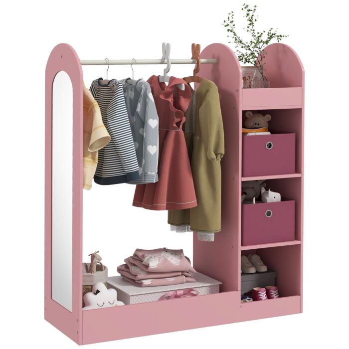 Aiyaplay Kids Clothes Rail With Storage Shelf, Boxes, Mirror For Bedroom, Nursery, Pink