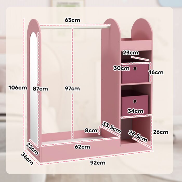 Aiyaplay Kids Clothes Rail With Storage Shelf, Boxes, Mirror For Bedroom, Nursery, Pink
