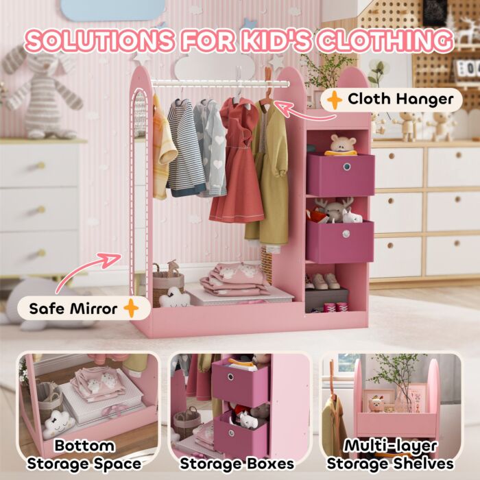 Aiyaplay Kids Clothes Rail With Storage Shelf, Boxes, Mirror For Bedroom, Nursery, Pink