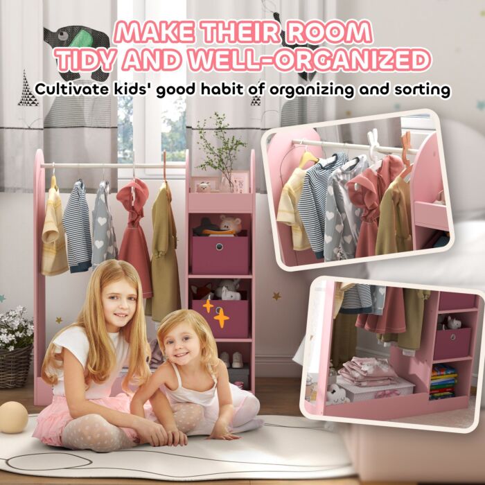 Aiyaplay Kids Clothes Rail With Storage Shelf, Boxes, Mirror For Bedroom, Nursery, Pink