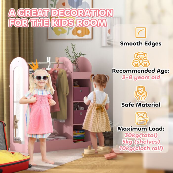 Aiyaplay Kids Clothes Rail With Storage Shelf, Boxes, Mirror For Bedroom, Nursery, Pink