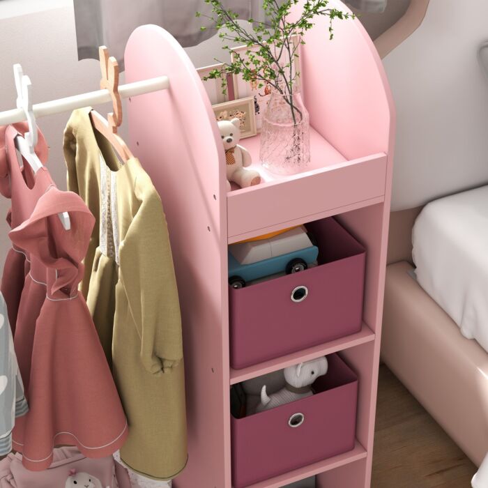 Aiyaplay Kids Clothes Rail With Storage Shelf, Boxes, Mirror For Bedroom, Nursery, Pink