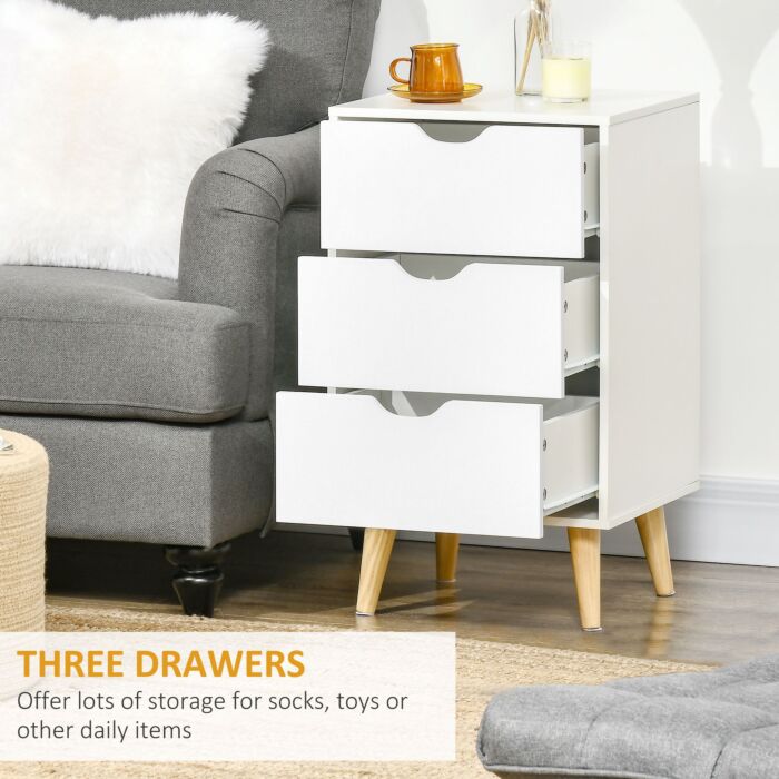 Homcom Bedroom Chest Of Drawers, 3-drawer Storage Unit With Wood Legs And Cut-out Handles, White