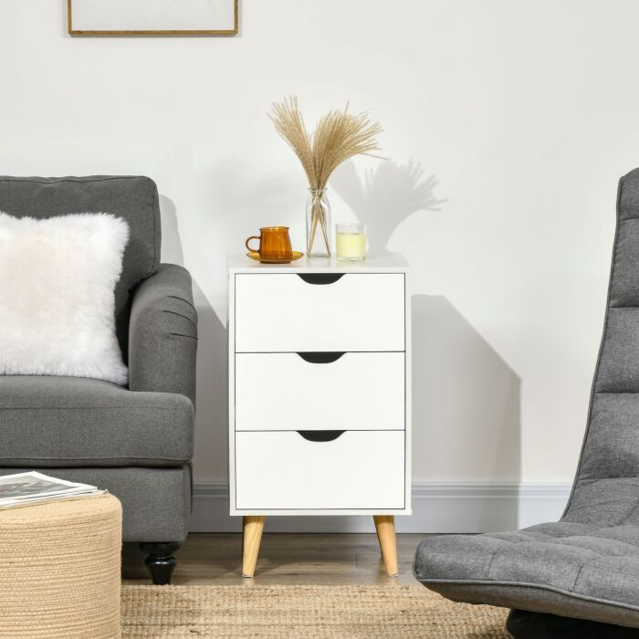 Homcom Bedroom Chest Of Drawers, 3-drawer Storage Unit With Wood Legs And Cut-out Handles, White