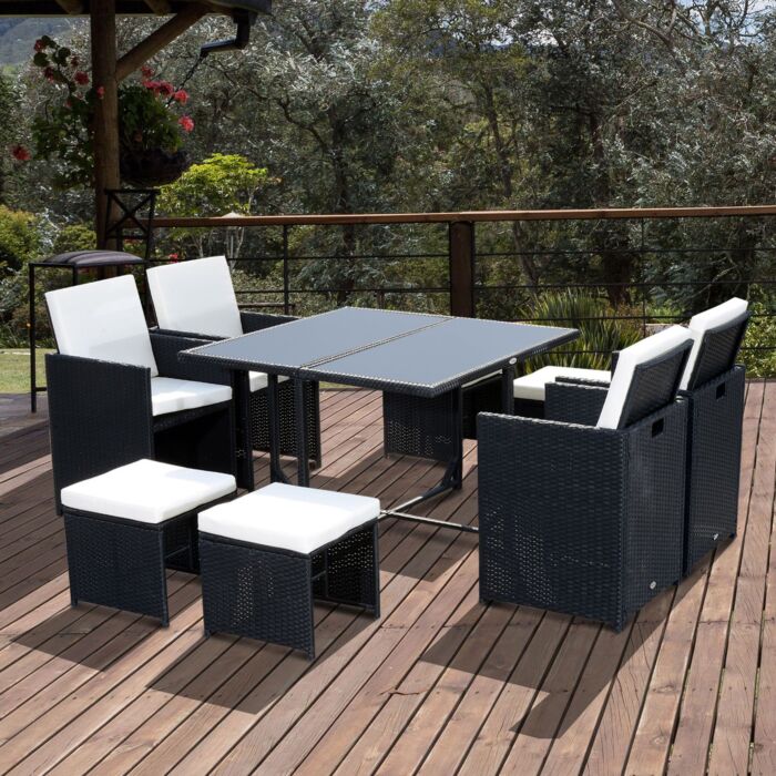 Outsunny 9pc Garden Rattan Dining Set Outdoor Patio Dining Table Set Weave Wicker 8 Seater Stool Black