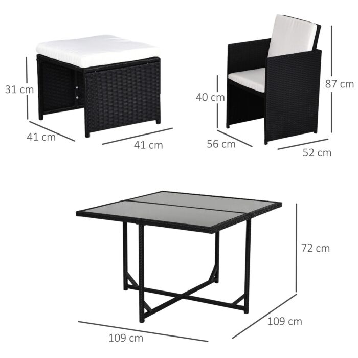 Outsunny 9pc Garden Rattan Dining Set Outdoor Patio Dining Table Set Weave Wicker 8 Seater Stool Black