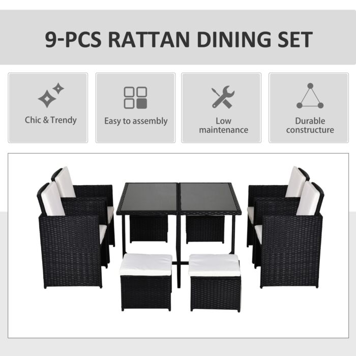 Outsunny 9pc Garden Rattan Dining Set Outdoor Patio Dining Table Set Weave Wicker 8 Seater Stool Black