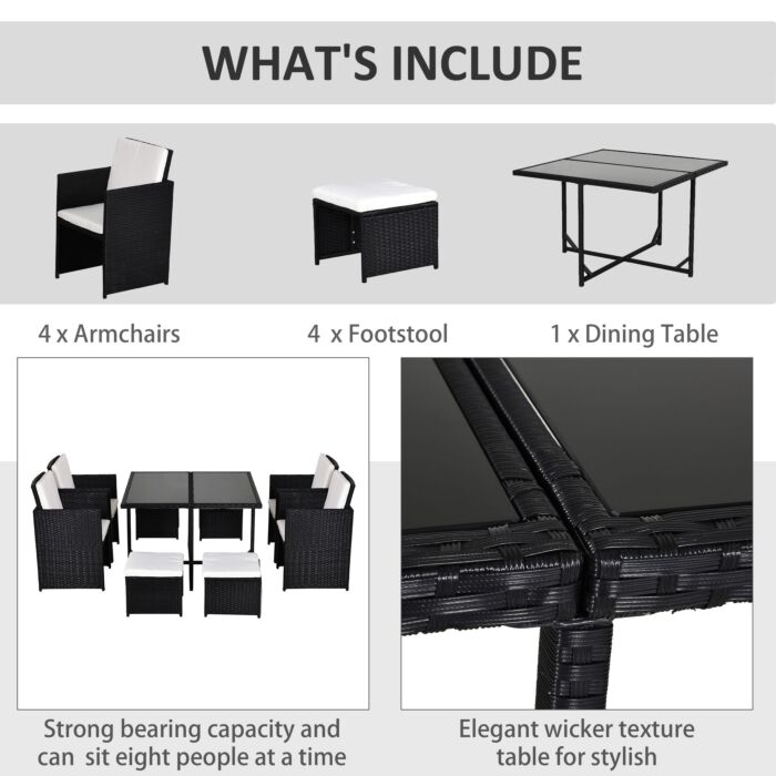 Outsunny 9pc Garden Rattan Dining Set Outdoor Patio Dining Table Set Weave Wicker 8 Seater Stool Black