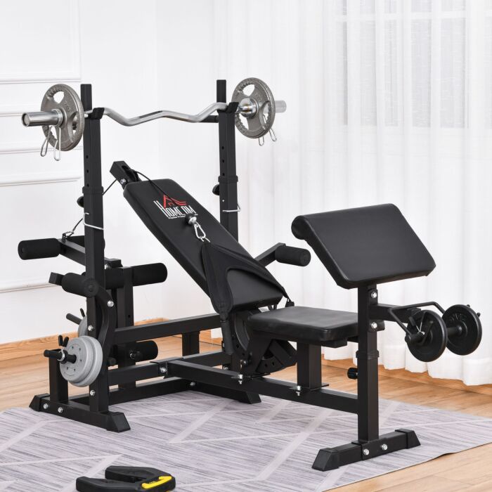 Homcom Multi-exercise Full-body Weight Rack With Bench Press, Leg Extension, Chest Fly Resistance Band & Preacher Curl