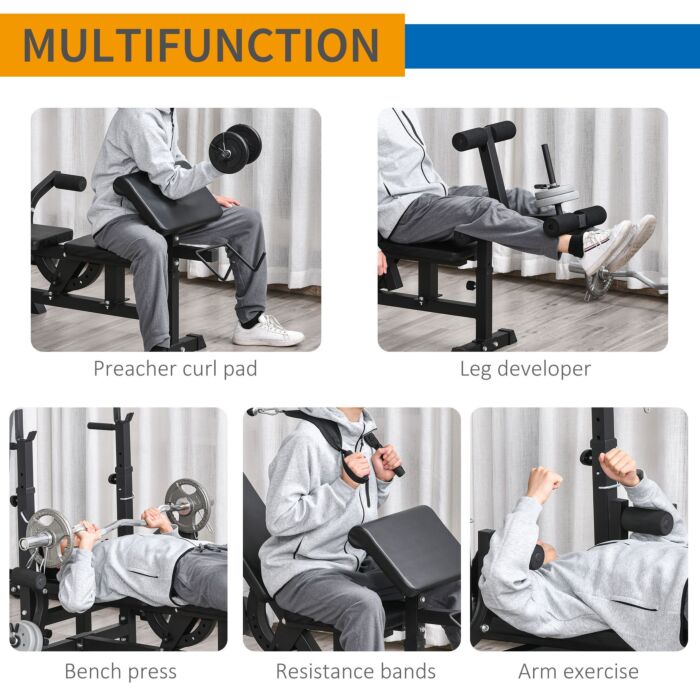 Homcom Multi-exercise Full-body Weight Rack With Bench Press, Leg Extension, Chest Fly Resistance Band & Preacher Curl