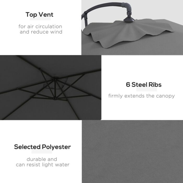 Outsunny 3x2m Cantilever Parasol With Cross Base, Banana Parasol With Crank Handle And 6 Ribs, Rectangular Hanging Patio Umbrella