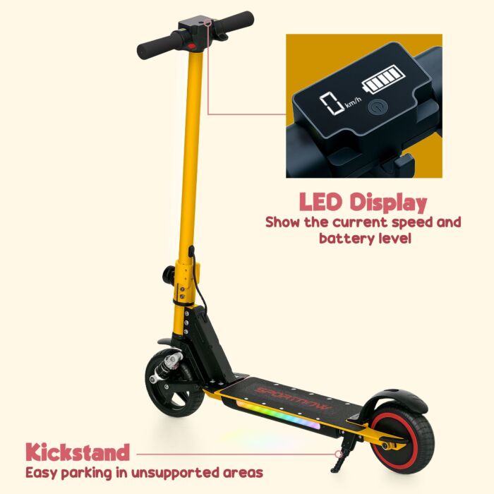 Sportnow Folding Electric Scooter For Kids Age 6-14 With Dual Brakes, Front Suspension, Led Colourful Lights And Display, 6.8kg Lightweight Aluminium E Scooter, Up To 14 Km/h & 6 Km, Gold Tone