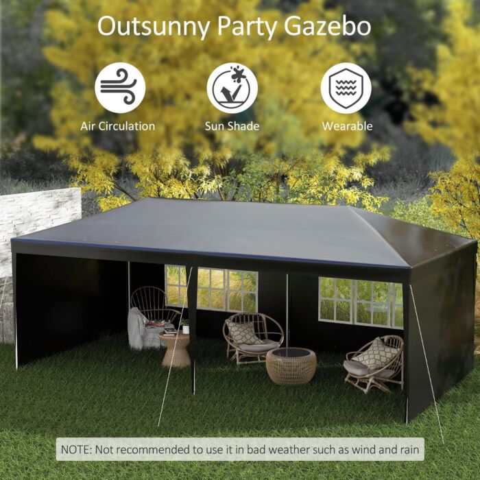 Outsunny 6 X 3 M Party Tent Gazebo Marquee Outdoor Patio Canopy Shelter With Windows And Side Panels, Black