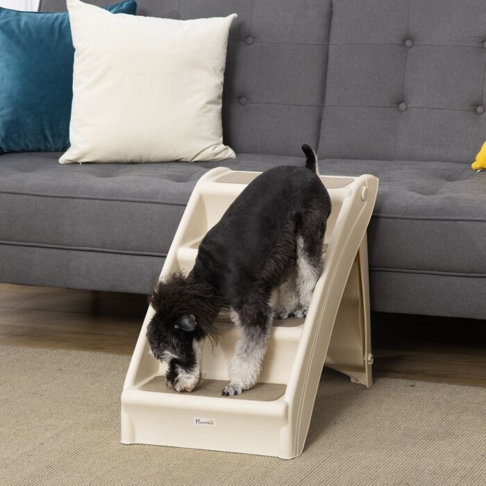 Pawhut Foldable Pet Stairs, 4-step For Cats Small Dogs With Non-slip Mats, 62 X 38 X 49.5 Cm, Beige