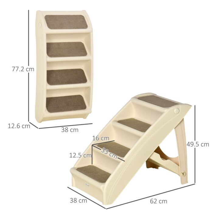 Pawhut Foldable Pet Stairs, 4-step For Cats Small Dogs With Non-slip Mats, 62 X 38 X 49.5 Cm, Beige