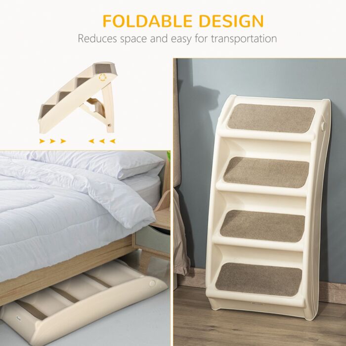 Pawhut Foldable Pet Stairs, 4-step For Cats Small Dogs With Non-slip Mats, 62 X 38 X 49.5 Cm, Beige
