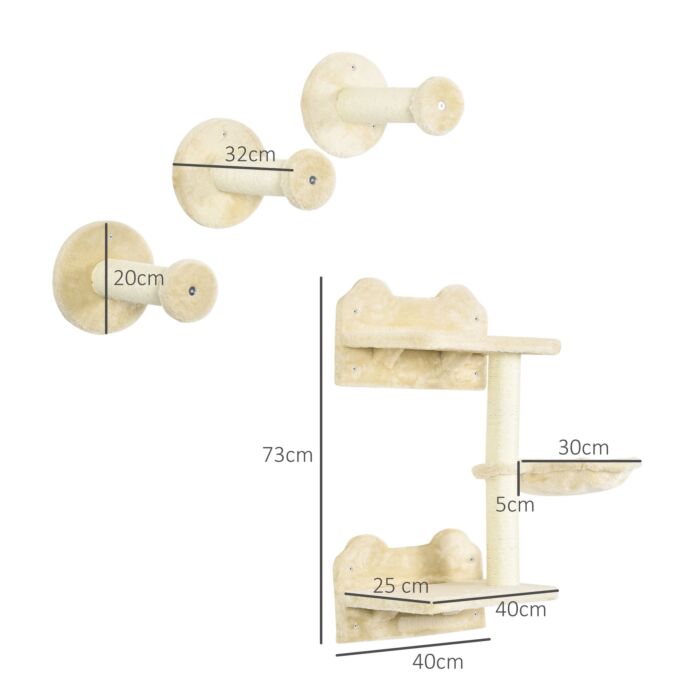 Pawhut 4pcs Cat Shelf, Cat Wall Furniture W/ Hammock, Steps, Platforms, Scratching Post, Wall Mounted Cat Tree For Indoor Cat, Beige