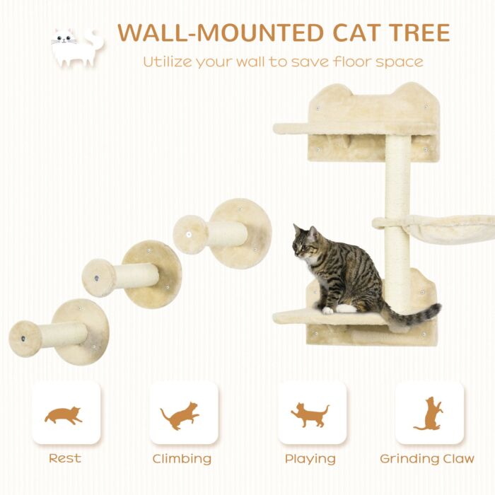 Pawhut 4pcs Cat Shelf, Cat Wall Furniture W/ Hammock, Steps, Platforms, Scratching Post, Wall Mounted Cat Tree For Indoor Cat, Beige