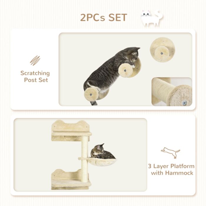 Pawhut 4pcs Cat Shelf, Cat Wall Furniture W/ Hammock, Steps, Platforms, Scratching Post, Wall Mounted Cat Tree For Indoor Cat, Beige