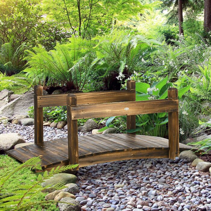 Outsunny 5ft Wooden Garden Bridge With Planters On Safety Railings, Stained Finish Arc Footbridge For Pond Backyard Stream
