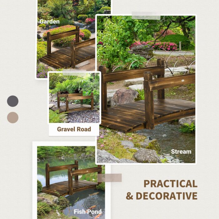 Outsunny 5ft Wooden Garden Bridge With Planters On Safety Railings, Stained Finish Arc Footbridge For Pond Backyard Stream